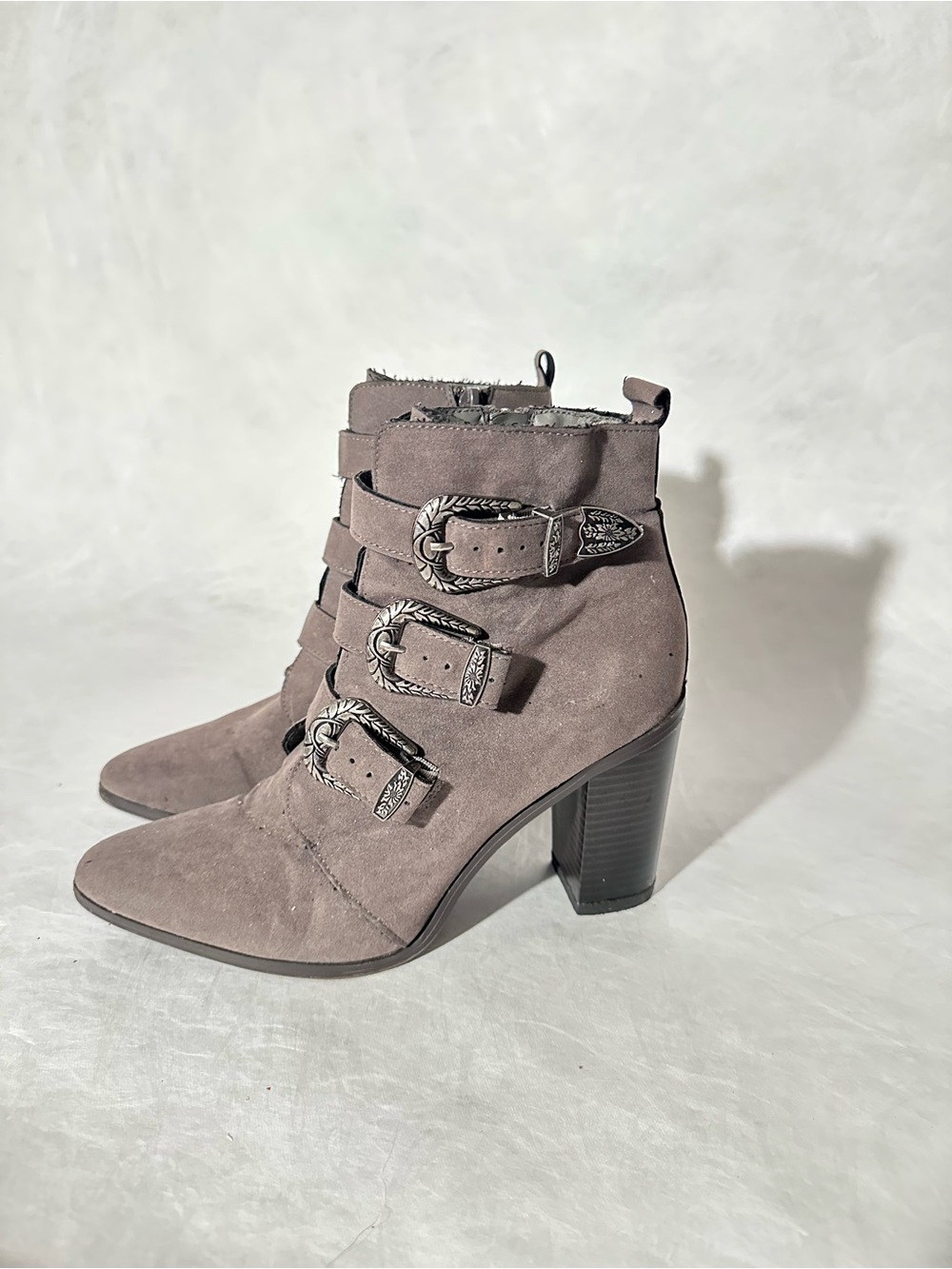 JustFab Grey Suede Buckle Ankle Boots